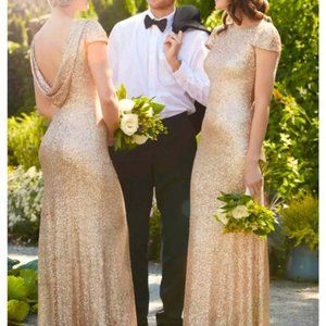 SORELLA VITA Champagne Gold Cap Sleeve Cowl Back Bridesmaids Dress